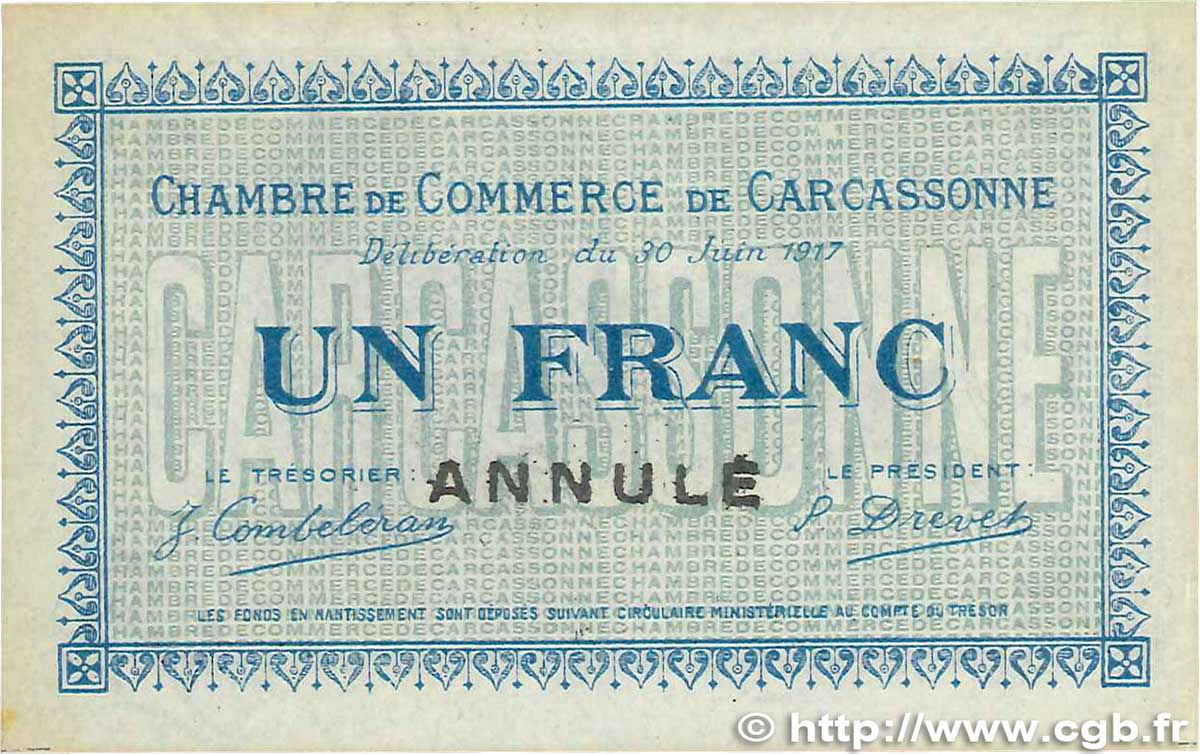 1 Franc Annulé FRANCE régionalisme et divers Carcassonne 1917 JP.038.14 pr.SPL