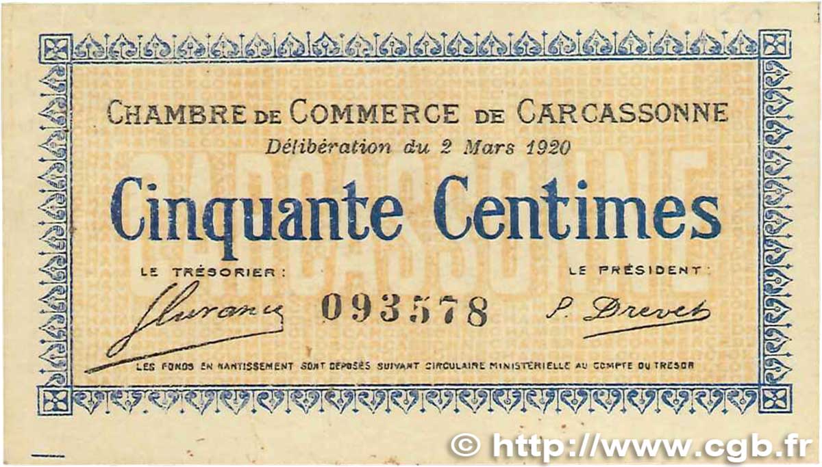 50 Centimes FRANCE régionalisme et divers Carcassonne 1920 JP.038.15 TTB