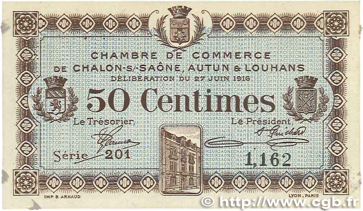 50 Centimes FRANCE régionalisme et divers Châlon-Sur-Saône, Autun et Louhans 1916 JP.042.01 SUP