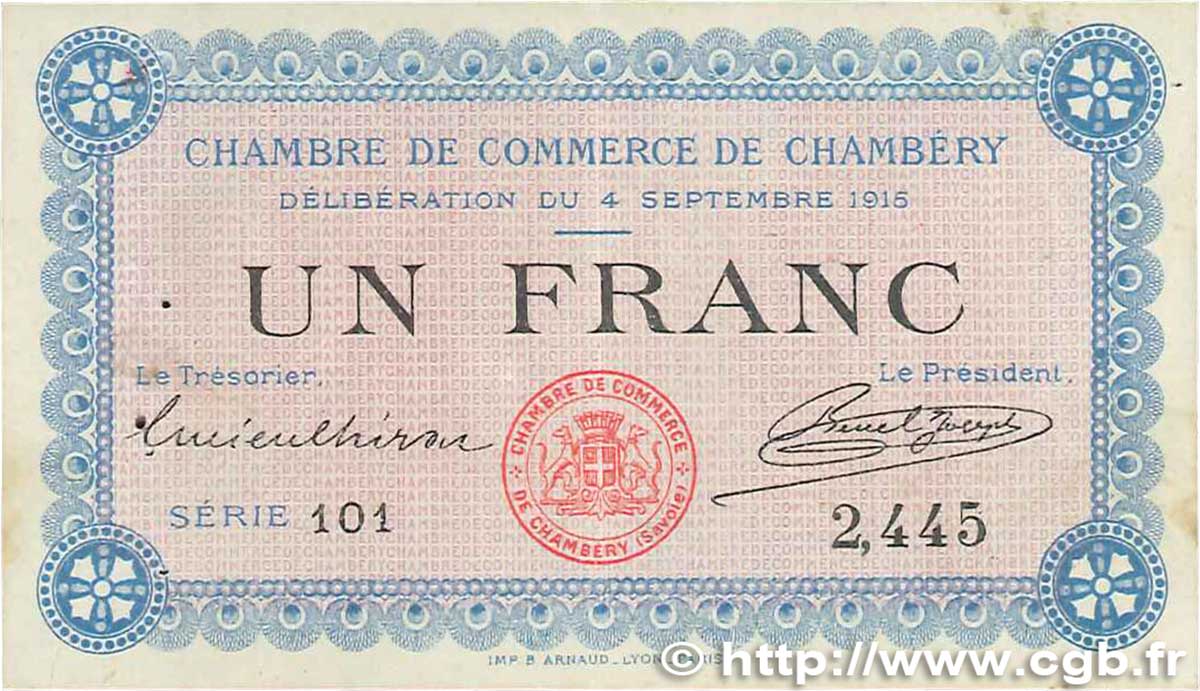 1 Franc FRANCE régionalisme et divers Chambéry 1915 JP.044.01 TTB