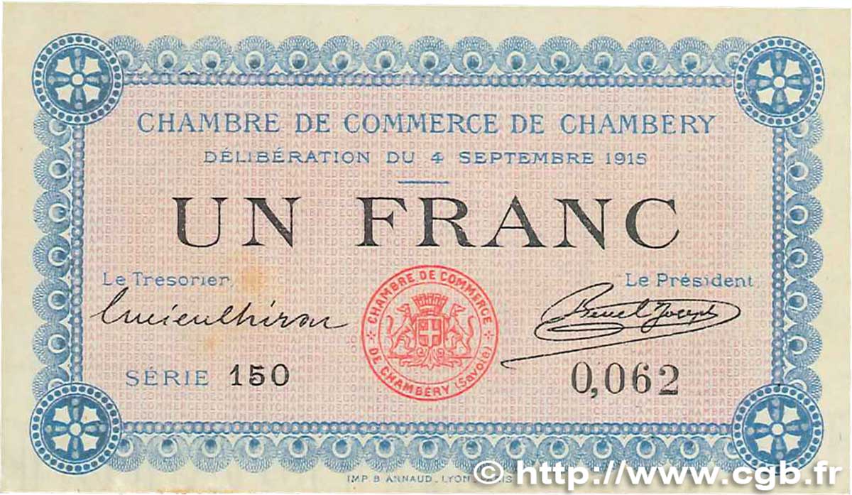 1 Franc FRANCE régionalisme et divers Chambéry 1915 JP.044.01 TTB+