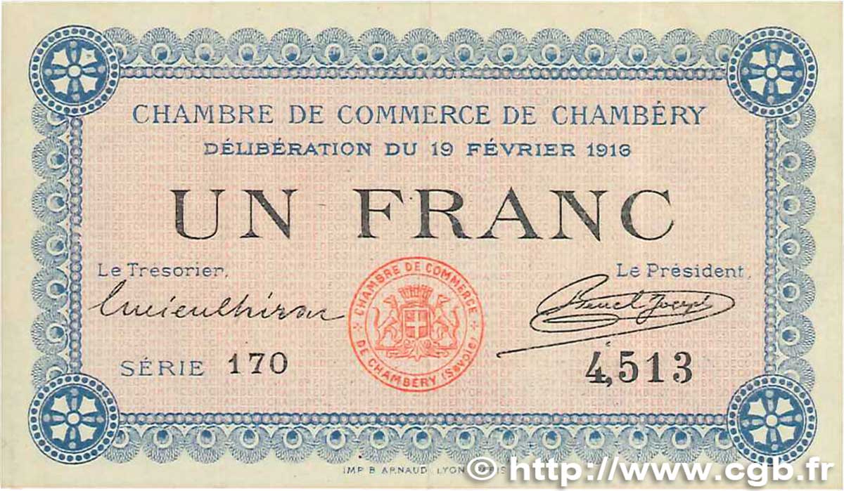 1 Franc FRANCE régionalisme et divers Chambéry 1916 JP.044.05 TTB