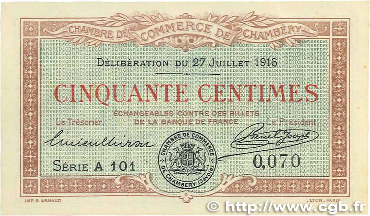 50 Centimes FRANCE régionalisme et divers Chambéry 1916 JP.044.07 pr.NEUF