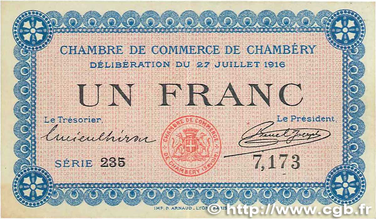 1 Franc FRANCE régionalisme et divers Chambéry 1916 JP.044.09 TTB
