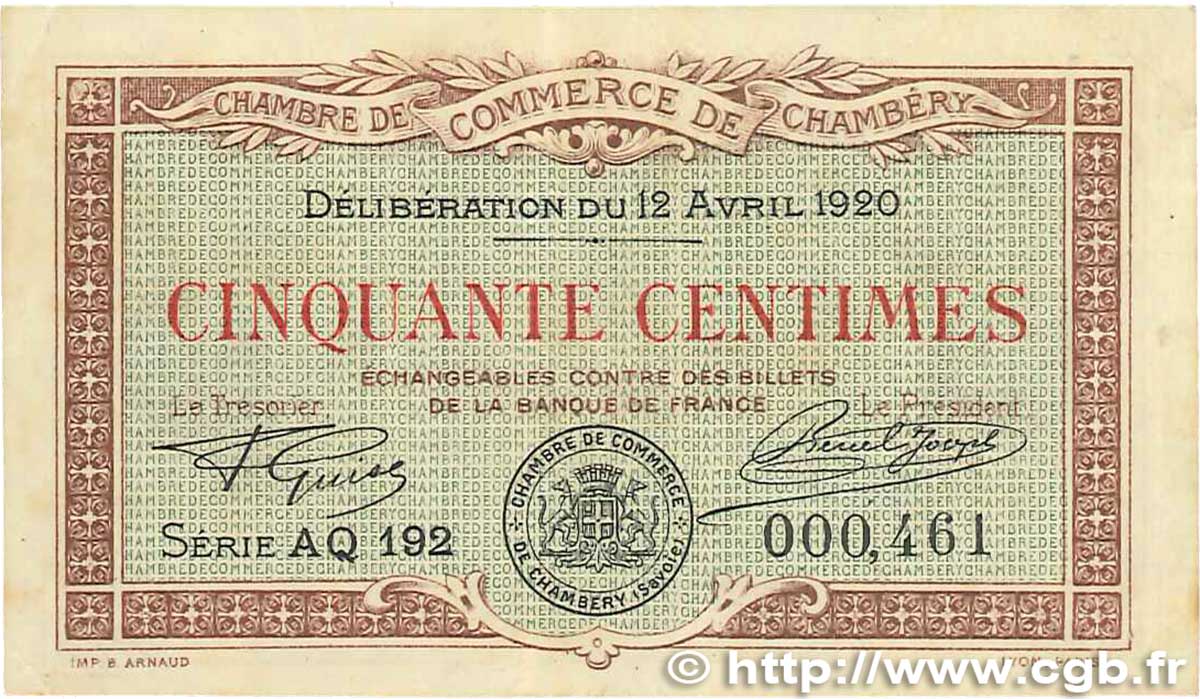 50 Centimes FRANCE régionalisme et divers Chambéry 1920 JP.044.12 TB