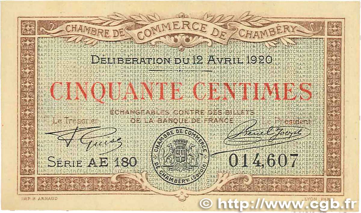 50 Centimes FRANCE régionalisme et divers Chambéry 1920 JP.044.12 SPL