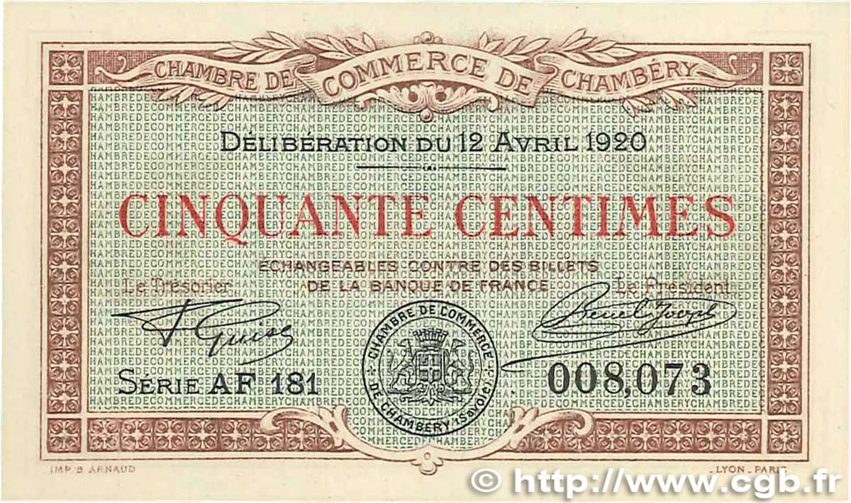 50 Centimes FRANCE regionalism and various Chambéry 1920 JP.044.12 UNC-