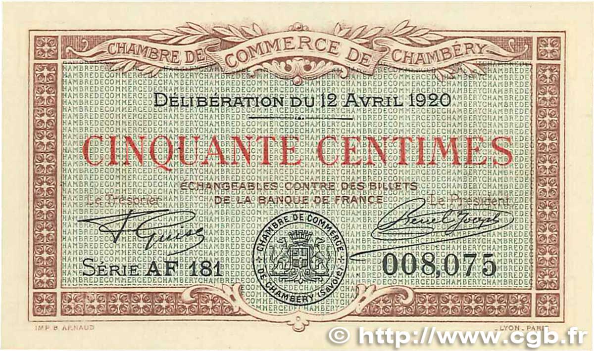 50 Centimes FRANCE Regionalismus und verschiedenen Chambéry 1920 JP.044.12 ST