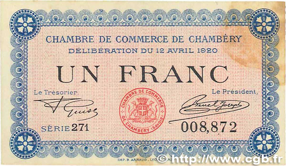 1 Franc FRANCE régionalisme et divers Chambéry 1920 JP.044.14 TTB+