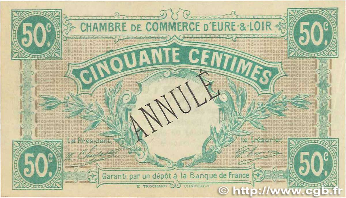 50 Centimes Annulé FRANCE régionalisme et divers Chartres 1915 JP.045.02 SUP+