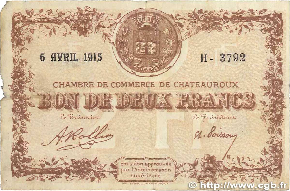 2 Francs FRANCE régionalisme et divers Chateauroux 1915 JP.046.04 B
