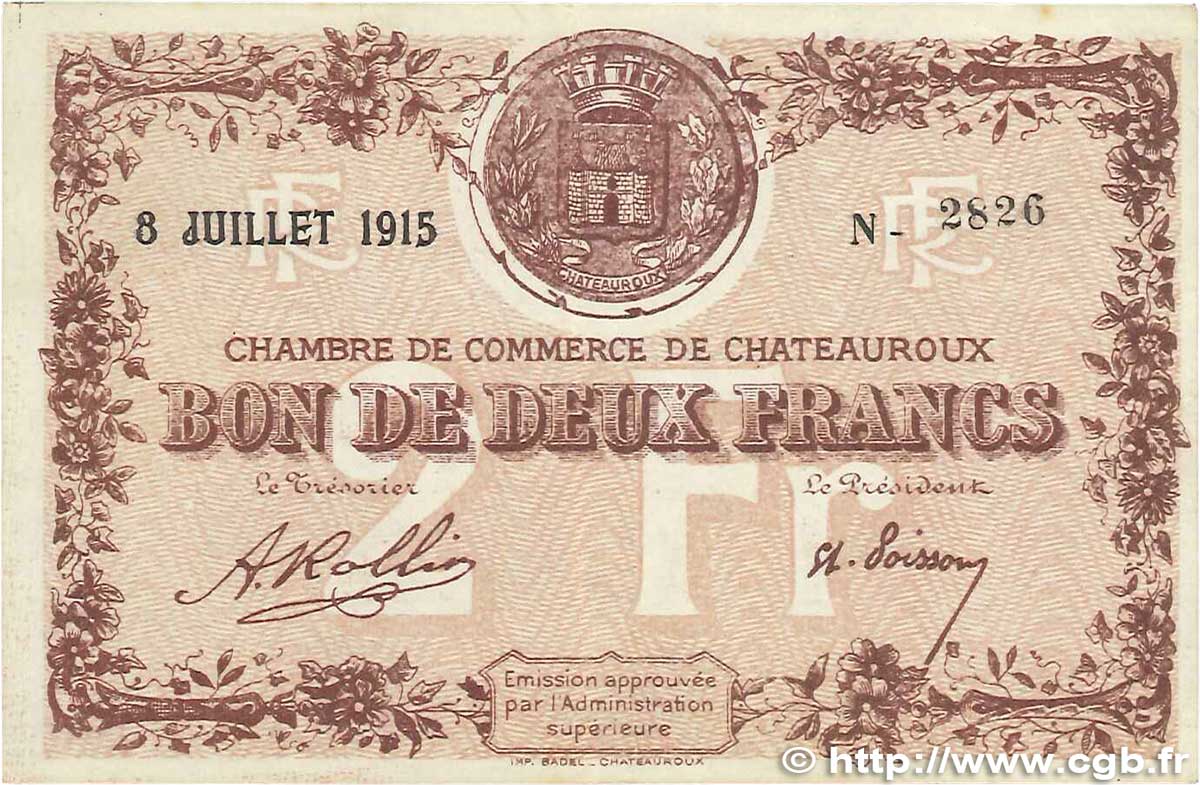 2 Francs FRANCE régionalisme et divers Chateauroux 1915 JP.046.09 TTB