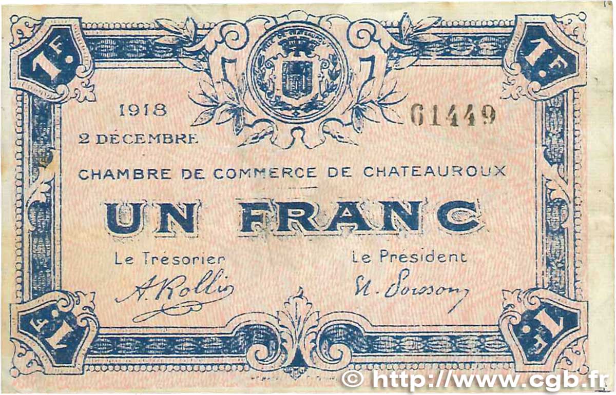 1 Franc FRANCE regionalism and miscellaneous Chateauroux 1918 JP.046.19 F