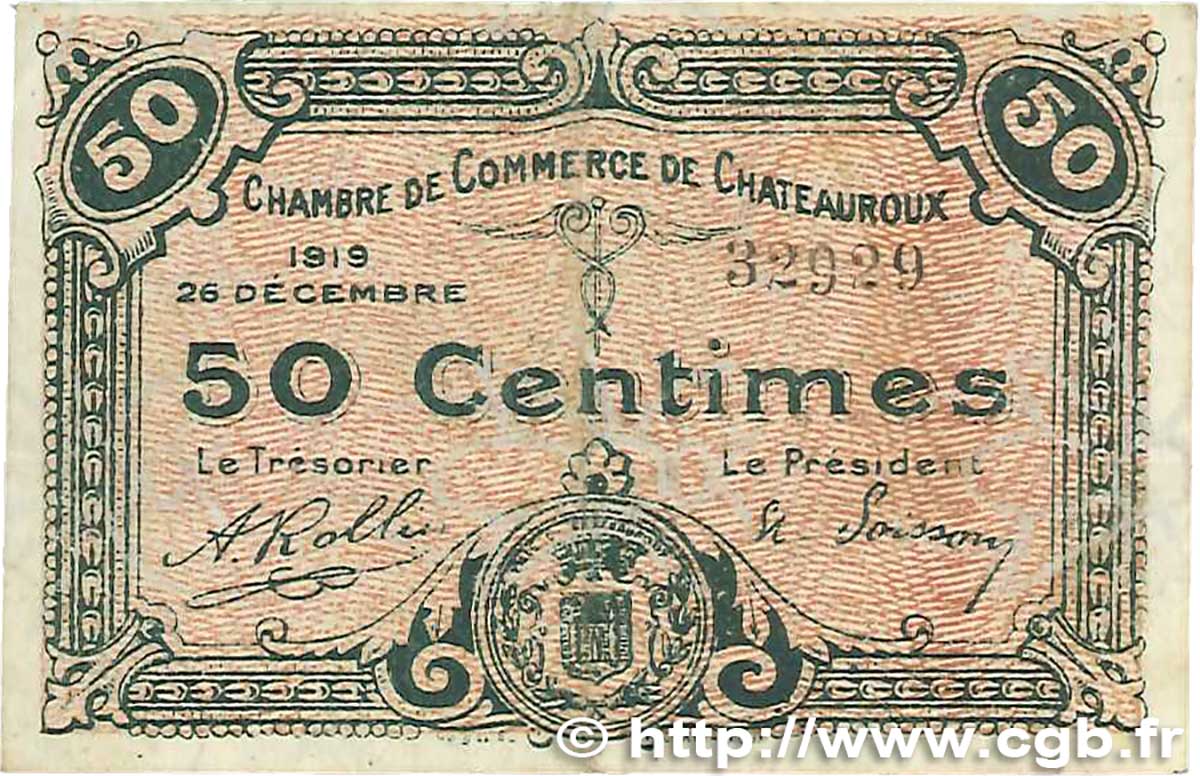 50 Centimes FRANCE régionalisme et divers Chateauroux 1919 JP.046.20 TTB