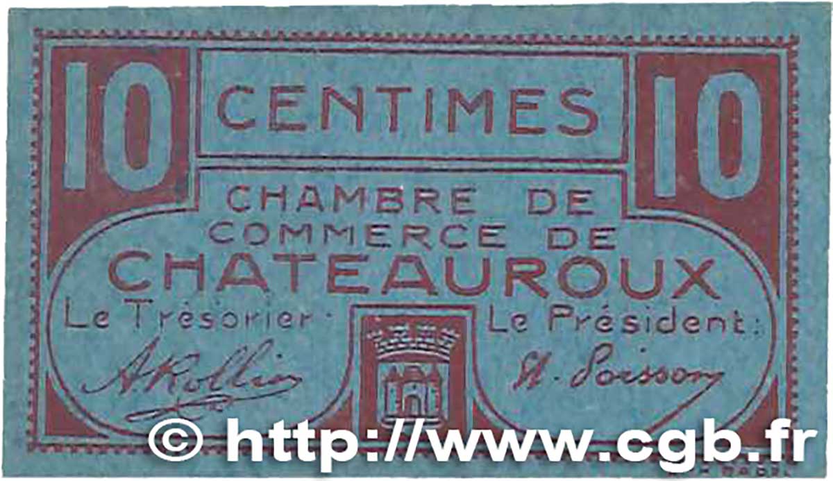 10 Centimes FRANCE regionalism and miscellaneous Chateauroux 1918 JP.046.32 XF