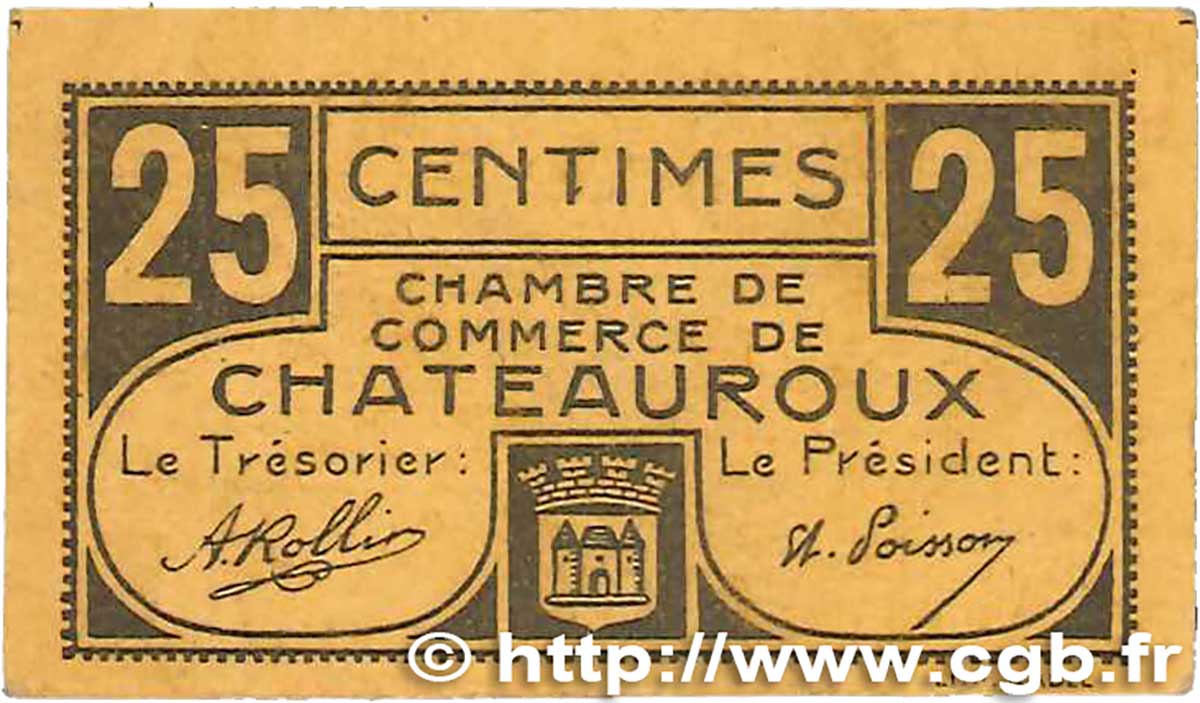 25 Centimes FRANCE régionalisme et divers Chateauroux 1918 JP.046.33 TTB