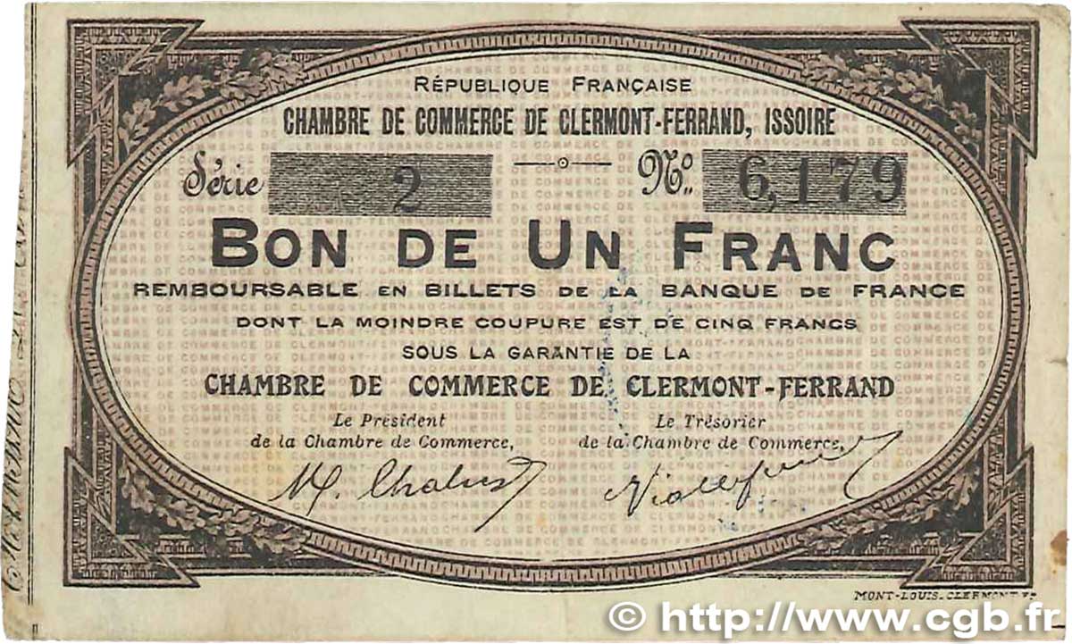 1 Franc FRANCE régionalisme et divers Clermont-Ferrand, Issoire 1918 JP.048.01 pr.TTB