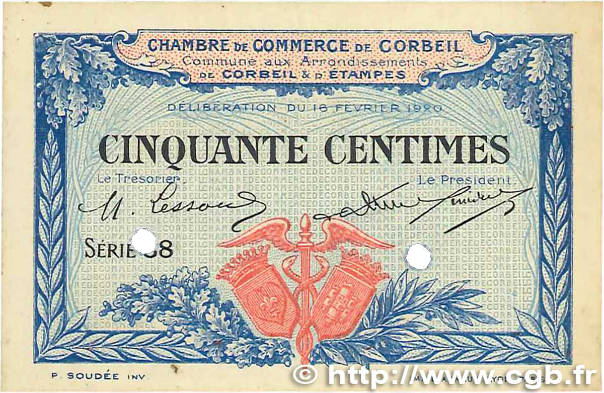 50 Centimes Spécimen FRANCE régionalisme et divers Corbeil 1920 JP.050.02 SUP+