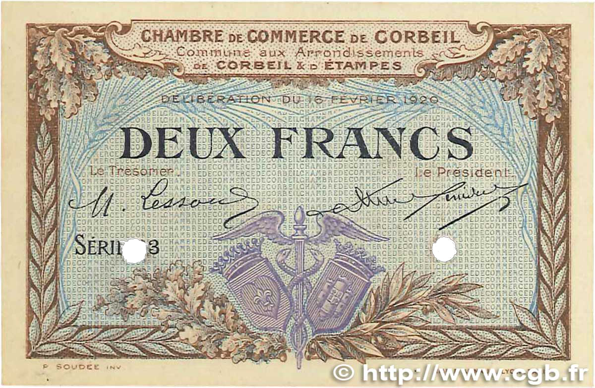 2 Francs Spécimen FRANCE régionalisme et divers Corbeil 1920 JP.050.06 SUP+