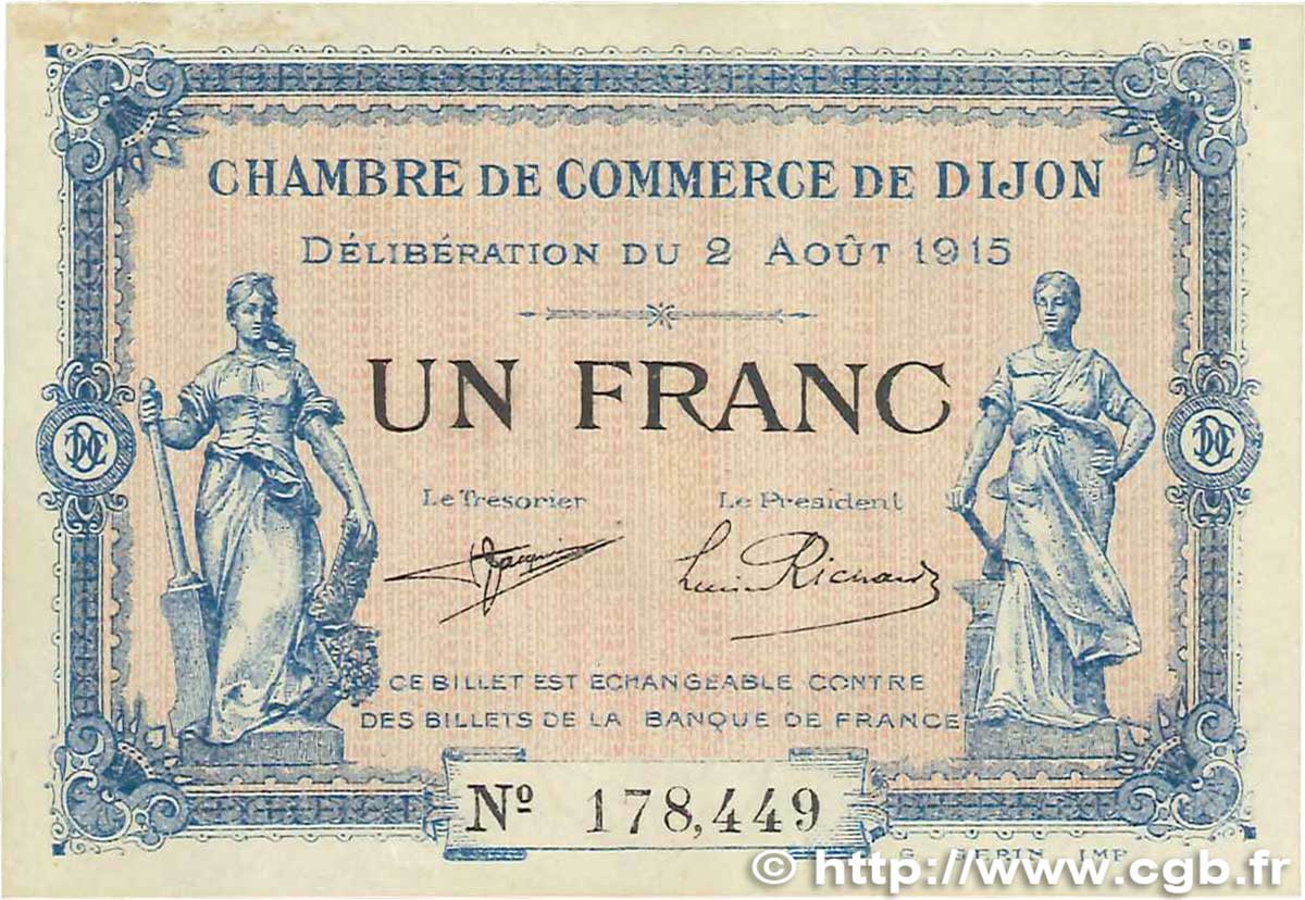 1 Franc FRANCE régionalisme et divers Dijon 1915 JP.053.04 TTB