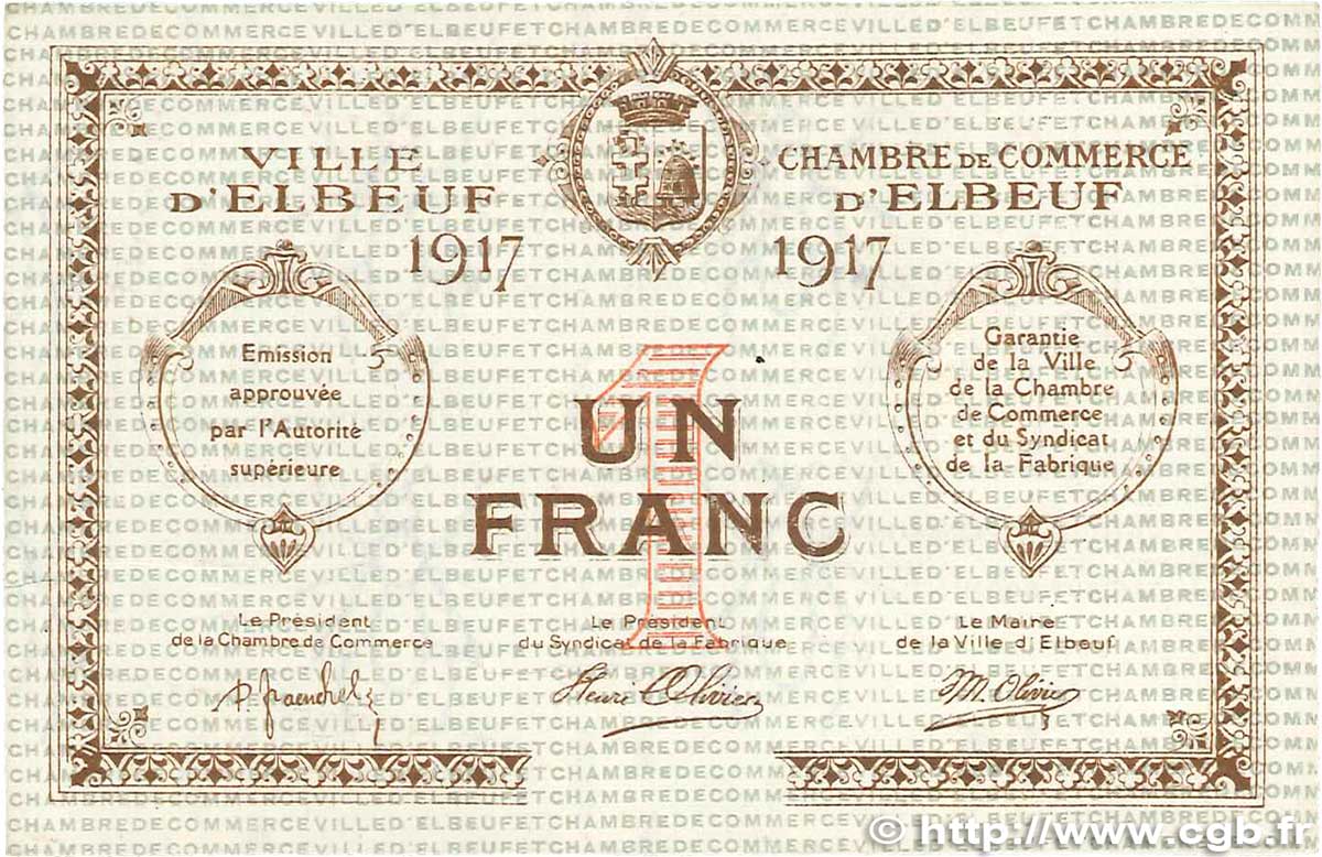 1 Franc FRANCE régionalisme et divers Elbeuf 1917 JP.055.12 TTB+