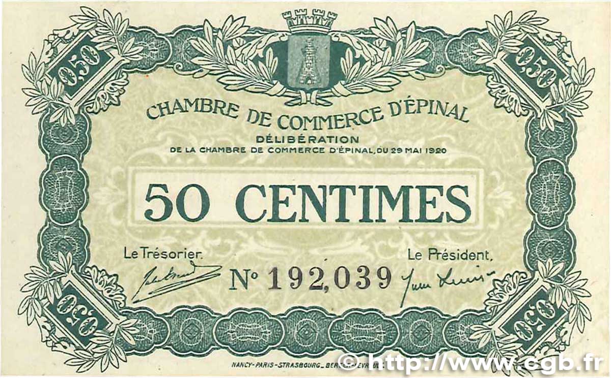 50 Centimes FRANCE régionalisme et divers Épinal 1920 JP.056.01 pr.NEUF