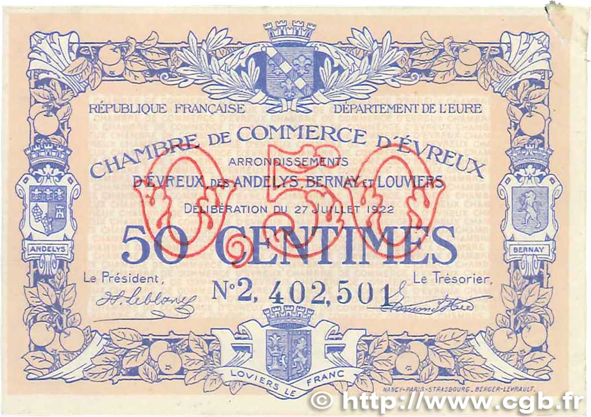 50 Centimes FRANCE régionalisme et divers Évreux 1922 JP.057.25 TTB+