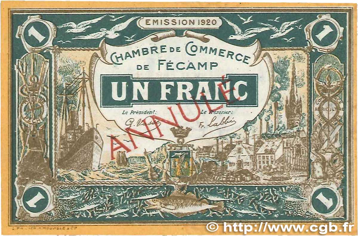 1 Franc Annulé FRANCE régionalisme et divers Fécamp 1920 JP.058.04 NEUF