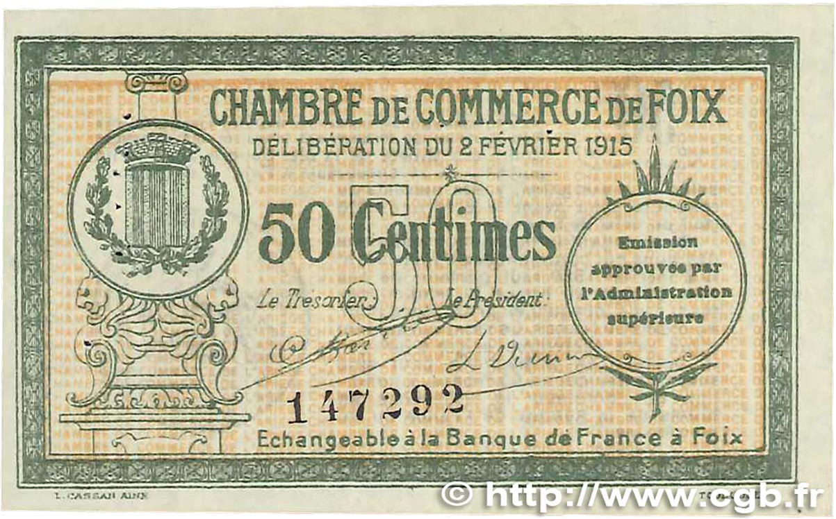 50 Centimes FRANCE régionalisme et divers Foix 1915 JP.059.05 TTB+