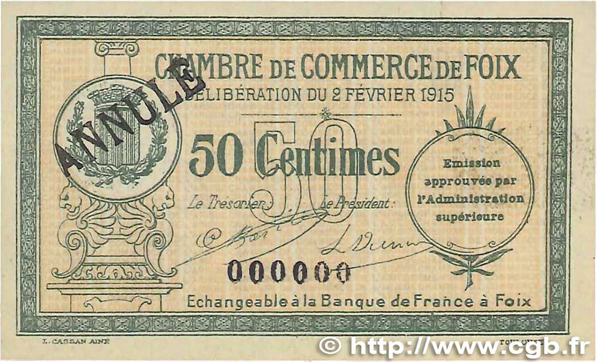 50 Centimes Annulé FRANCE régionalisme et divers Foix 1915 JP.059.09 SUP