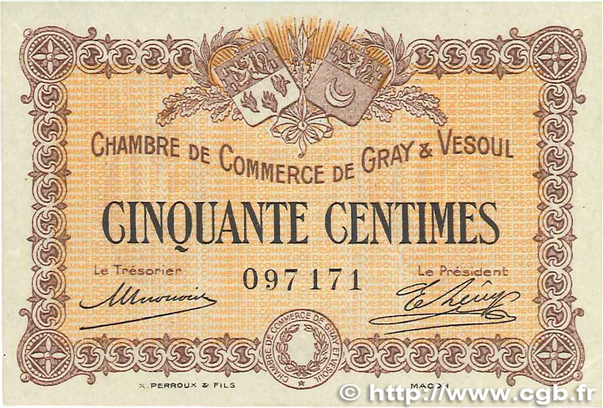 50 Centimes FRANCE regionalism and various Gray et Vesoul 1915 JP.062.01 VF+