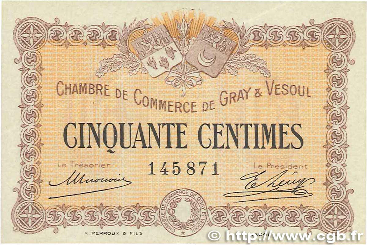 50 Centimes FRANCE régionalisme et divers Gray et Vesoul 1915 JP.062.01 SUP