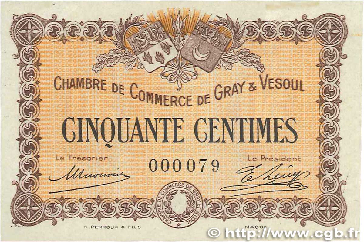 50 Centimes FRANCE régionalisme et divers Gray et Vesoul 1915 JP.062.01 SPL