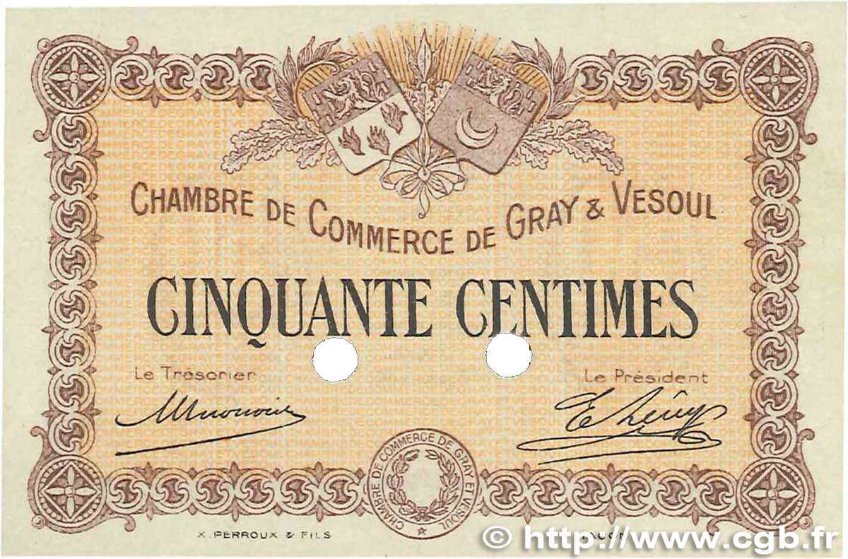 50 Centimes Spécimen FRANCE régionalisme et divers Gray et Vesoul 1915 JP.062.02 pr.SPL