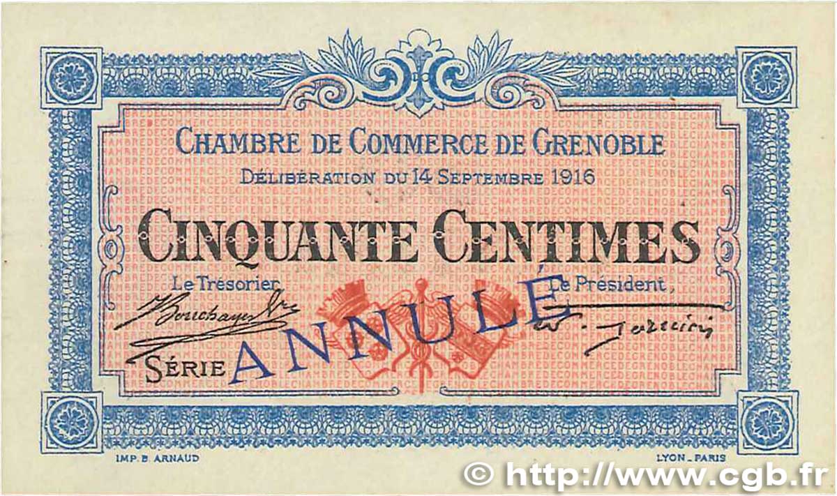 50 Centimes Annulé FRANCE régionalisme et divers Grenoble 1916 JP.063.02 pr.NEUF