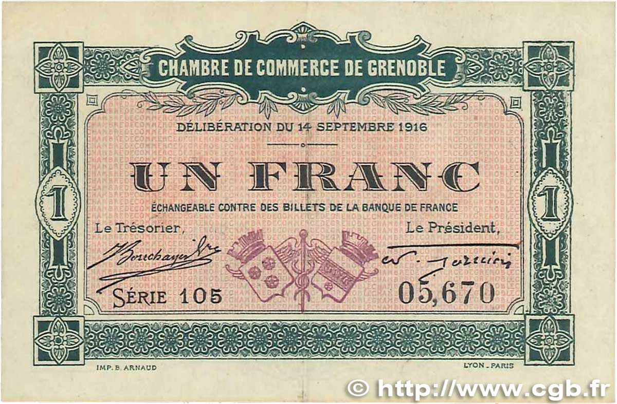 1 Franc FRANCE régionalisme et divers Grenoble 1916 JP.063.06 TTB+