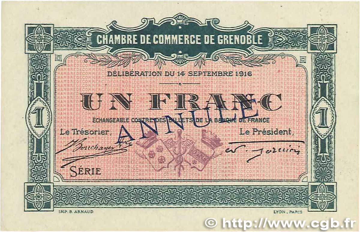 1 Franc Annulé FRANCE régionalisme et divers Grenoble 1916 JP.063.07 SUP