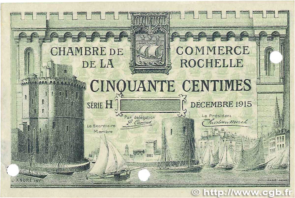 50 Centimes Spécimen FRANCE régionalisme et divers La Rochelle 1915 JP.066.02 TTB+