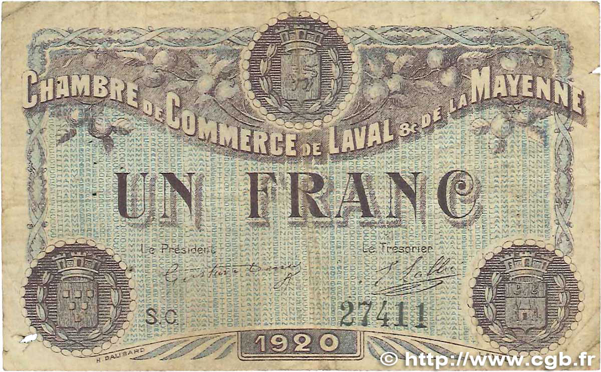 1 Franc FRANCE régionalisme et divers Laval 1920 JP.067.05 B+