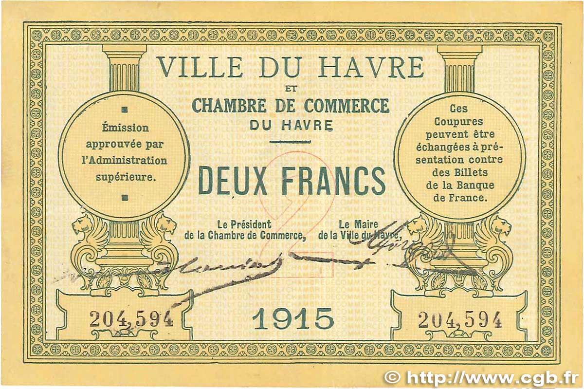 2 Francs FRANCE régionalisme et divers Le Havre 1915 JP.068.12 TTB