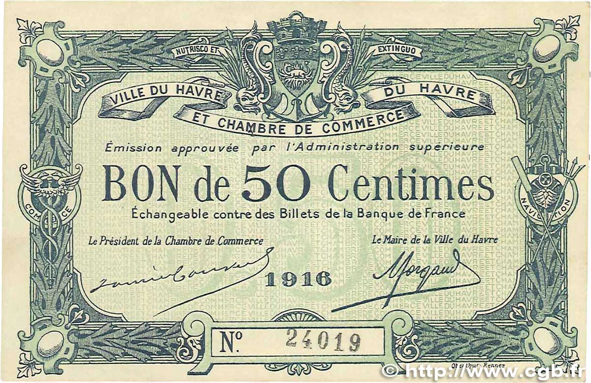 50 Centimes FRANCE régionalisme et divers Le Havre 1916 JP.068.14 SUP