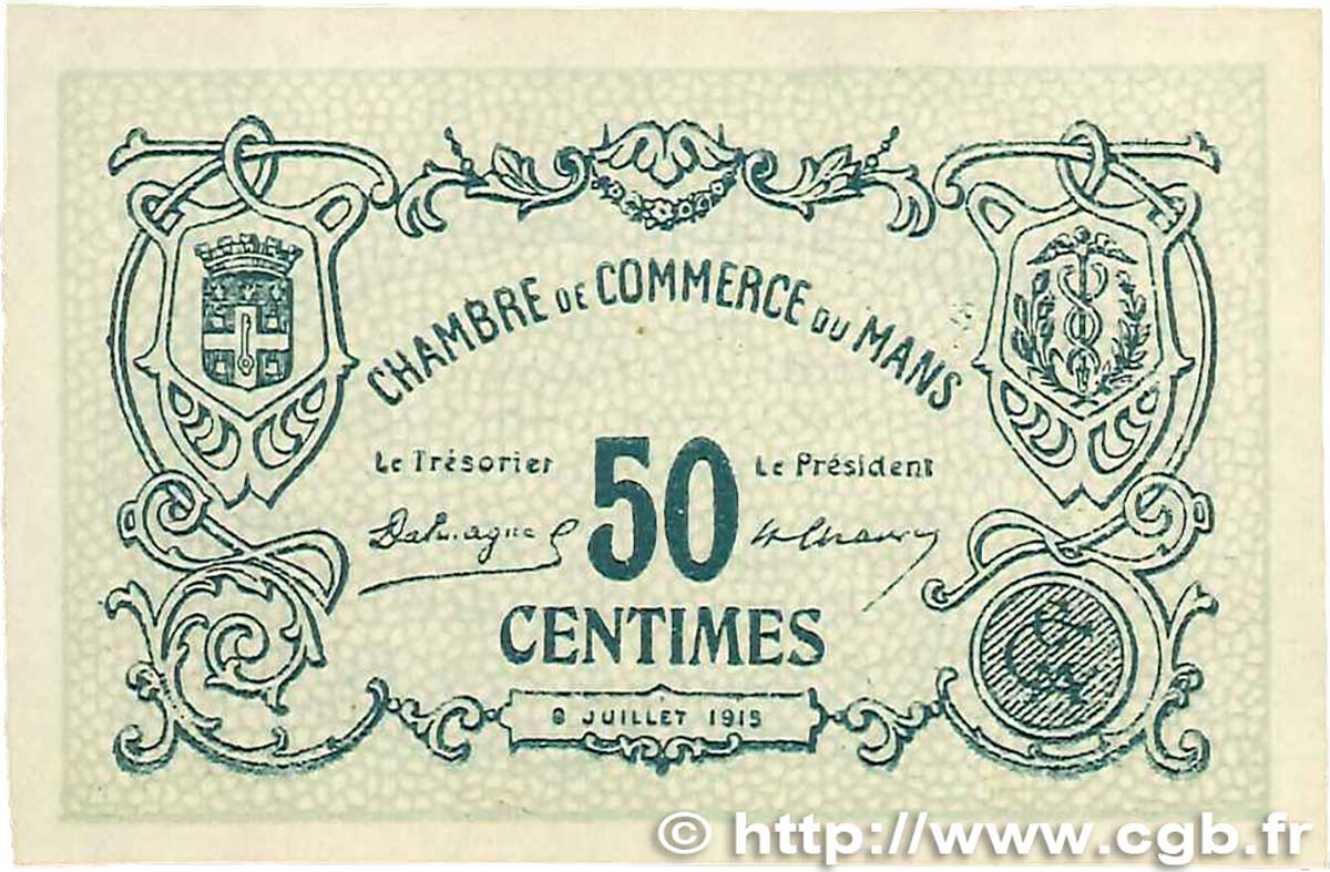 50 Centimes Spécimen FRANCE régionalisme et divers Le Mans 1915 JP.069.02 pr.SUP