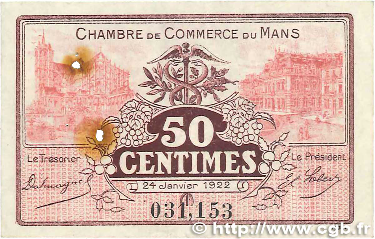 50 Centimes FRANCE régionalisme et divers Le Mans 1922 JP.069.23 TB