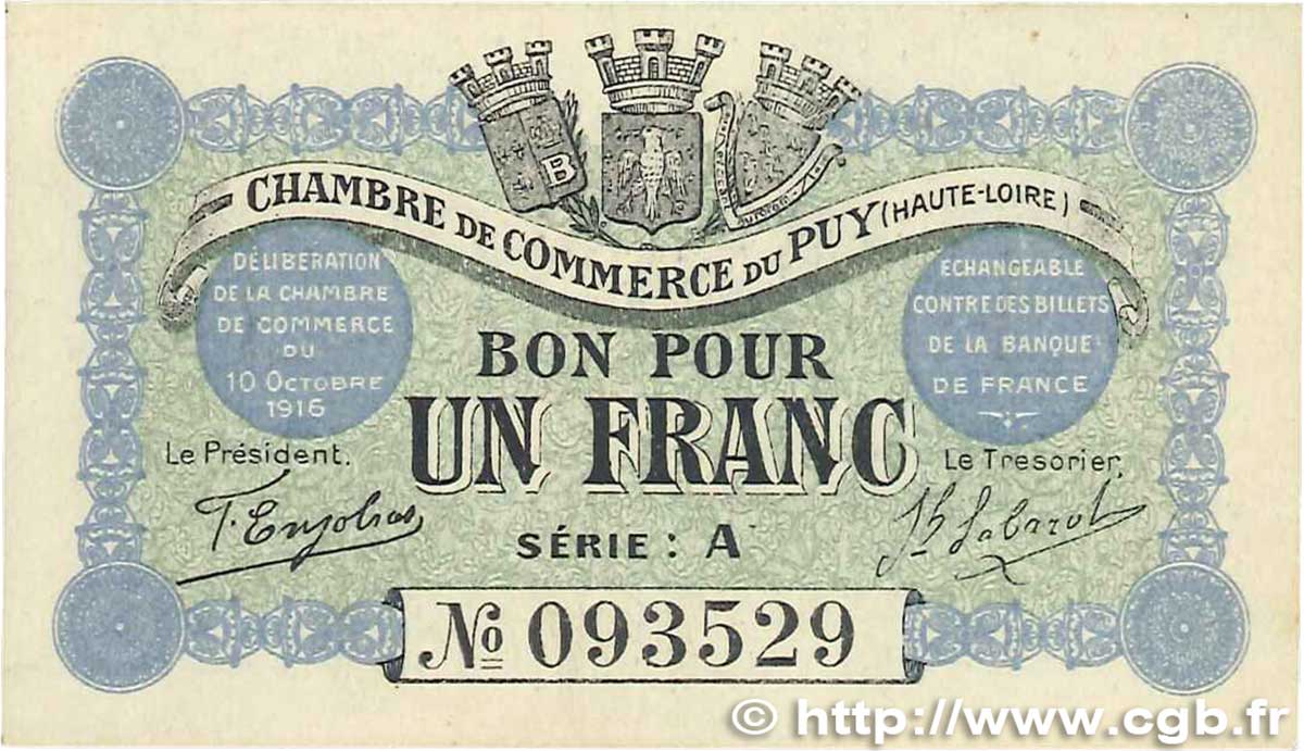 1 Franc FRANCE régionalisme et divers Le Puy 1916 JP.070.03 pr.NEUF