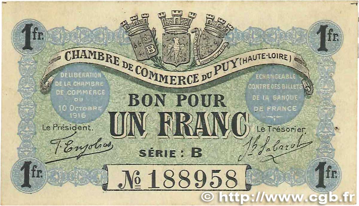 1 Franc FRANCE régionalisme et divers Le Puy 1916 JP.070.06 TTB