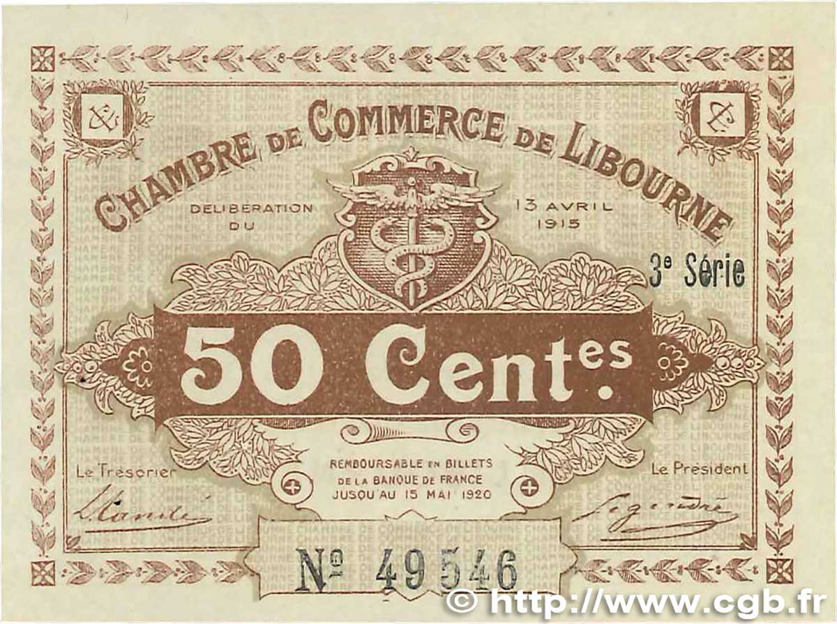 50 Centimes FRANCE regionalism and various Libourne 1915 JP.072.15 AU