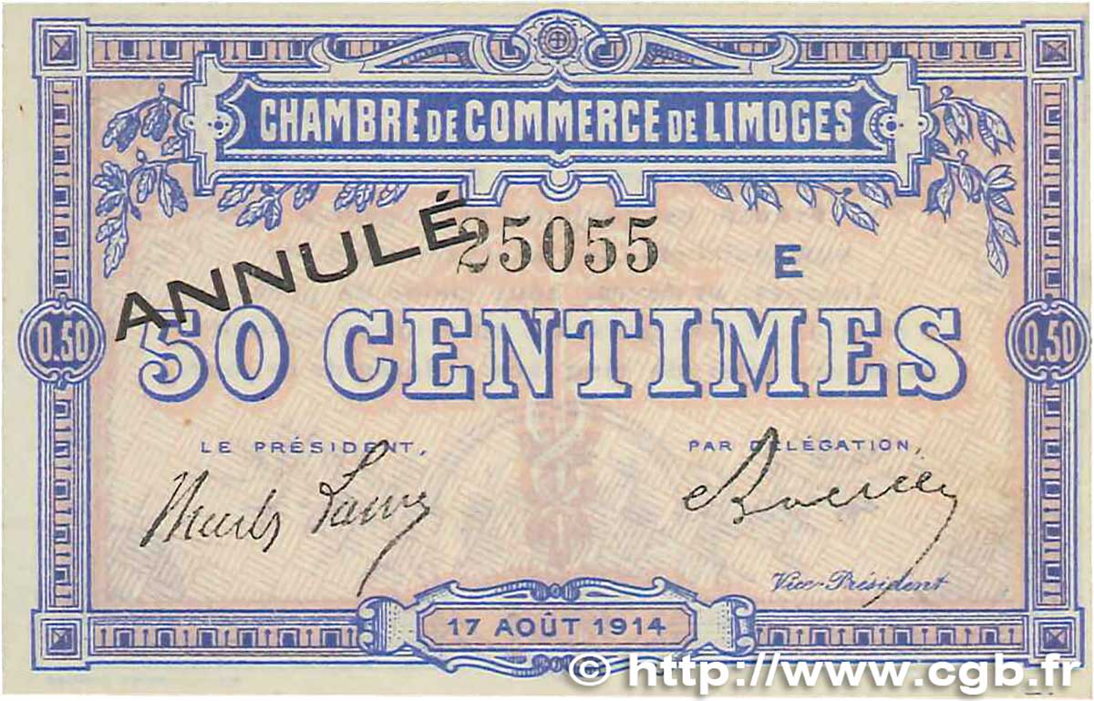 50 Centimes Annulé FRANCE regionalismo e varie Limoges 1914 JP.073.09 AU