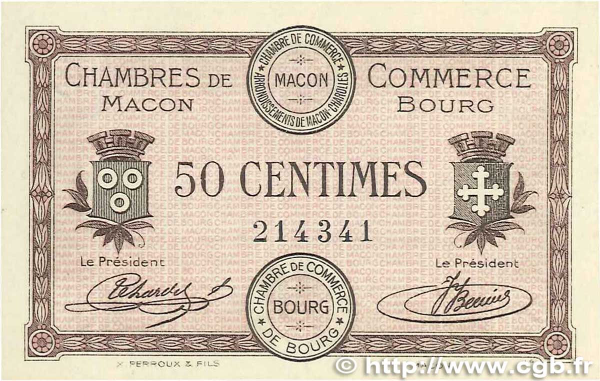 50 Centimes FRANCE Regionalismus und verschiedenen Macon, Bourg 1915 JP.078.01 fST+