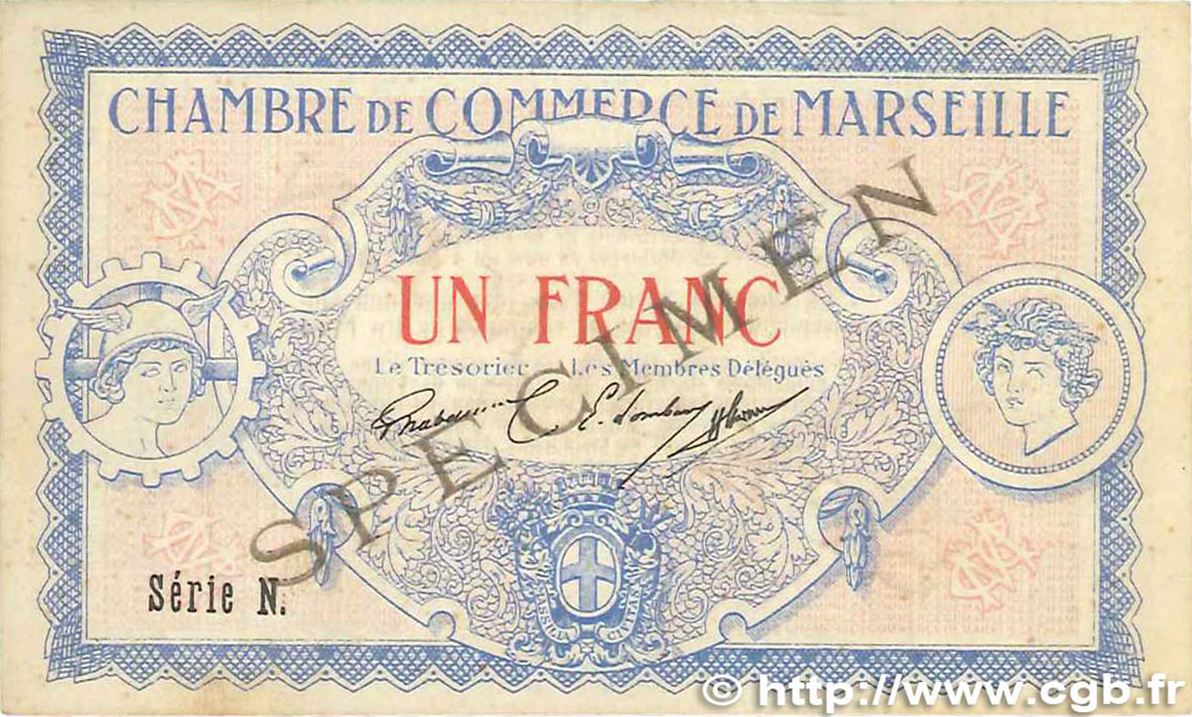 1 Franc Spécimen FRANCE régionalisme et divers Marseille 1917 JP.079.65 TTB+