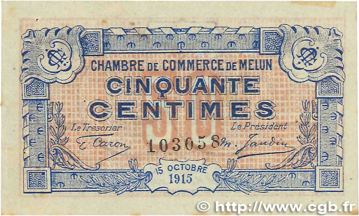 50 Centimes FRANCE regionalism and miscellaneous Melun 1915 JP.080.01 VF